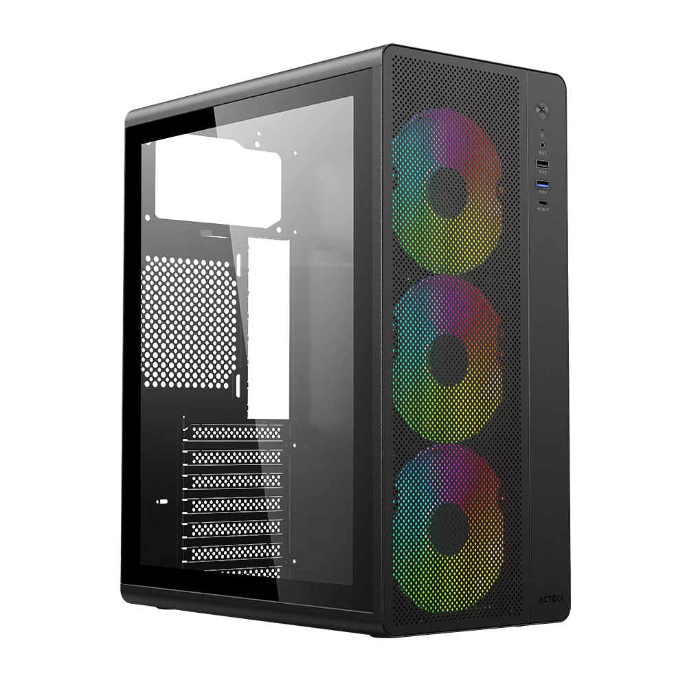 Gabinete Media Torre | Essen Pro X GM767 | Max MB ATX | 1x USB Tipo C 3.1 + 1x USB 3.0 + 1x USB 2.0 + 3x Ven RGB | Panel Izq Cristal + Frente Mesh | Elite | Negro