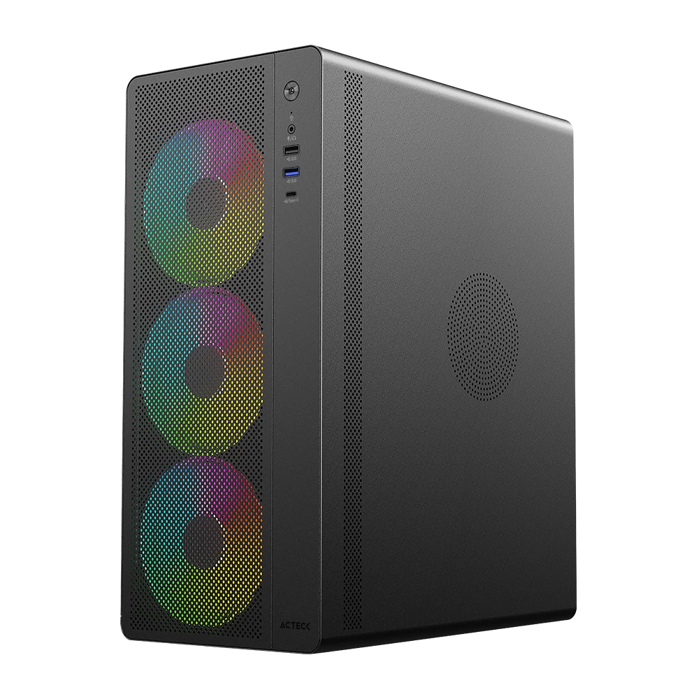 Gabinete Media Torre | Essen Pro X GM767 | Max MB ATX | 1x USB Tipo C 3.1 + 1x USB 3.0 + 1x USB 2.0 + 3x Ven RGB | Panel Izq Cristal + Frente Mesh | Elite | Negro