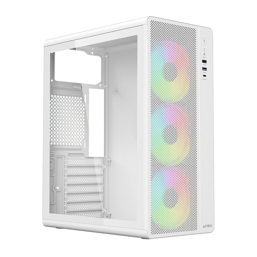 Gabinete Media Torre | Essen Pro X GM767 | Max MB ATX | 1x USB Tipo C 3.1 + 1x USB 3.0 + 1x USB 2.0 + 3x Ven RGB | Panel Izq Cristal + Frente Mesh | Elite | Blanco