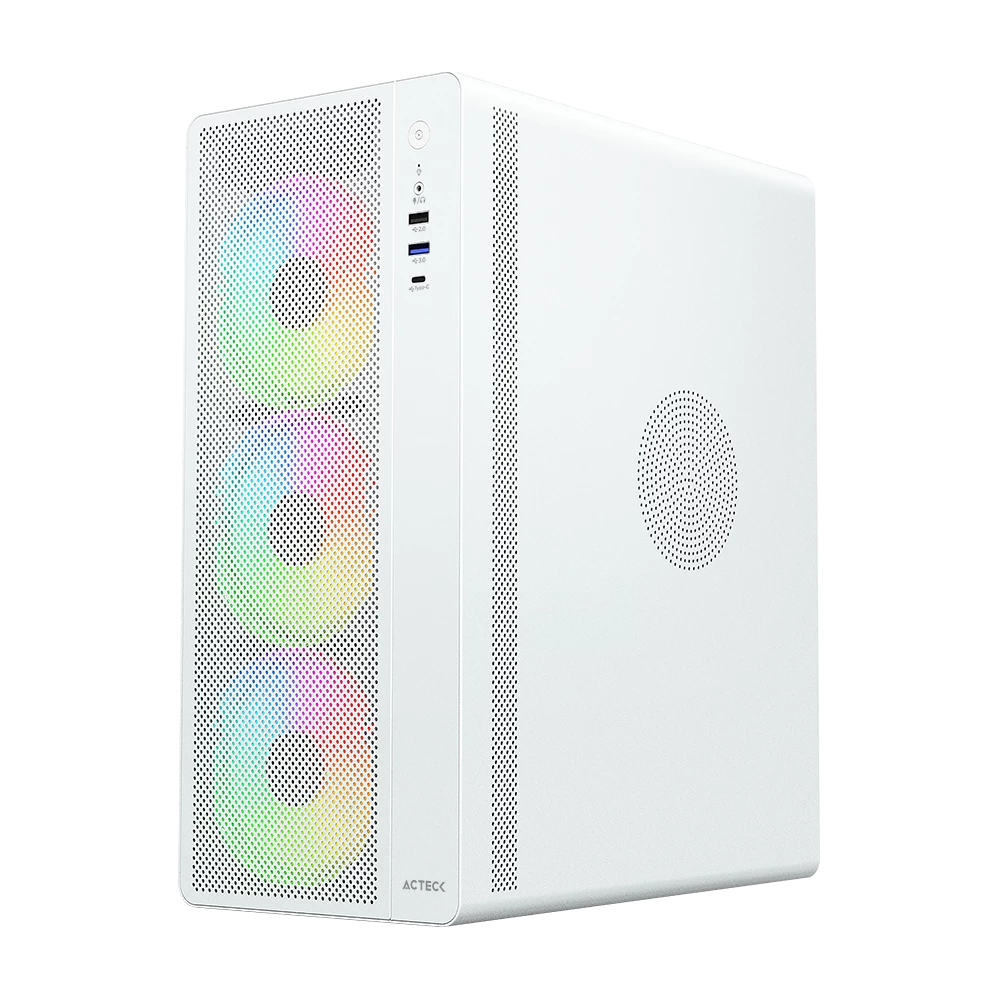 Gabinete Media Torre | Essen Pro X GM767 | Max MB ATX | 1x USB Tipo C 3.1 + 1x USB 3.0 + 1x USB 2.0 + 3x Ven RGB | Panel Izq Cristal + Frente Mesh | Elite | Blanco