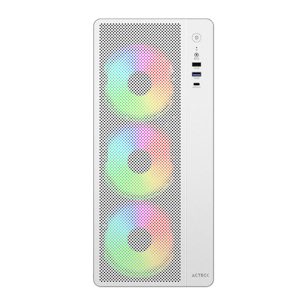 Gabinete Media Torre | Essen Pro X GM767 | Max MB ATX | 1x USB Tipo C 3.1 + 1x USB 3.0 + 1x USB 2.0 + 3x Ven RGB | Panel Izq Cristal + Frente Mesh | Elite | Blanco