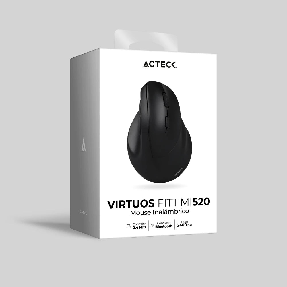 Mouse Ergonómico Vertical Virtuos Fitt MI520 2.4 Ghz + 2 Modos Bluetooth de 2,400 DPI  3 Nvl + 7 Botones + Bat Recarga 40h + USB-C Advanced Series Negro